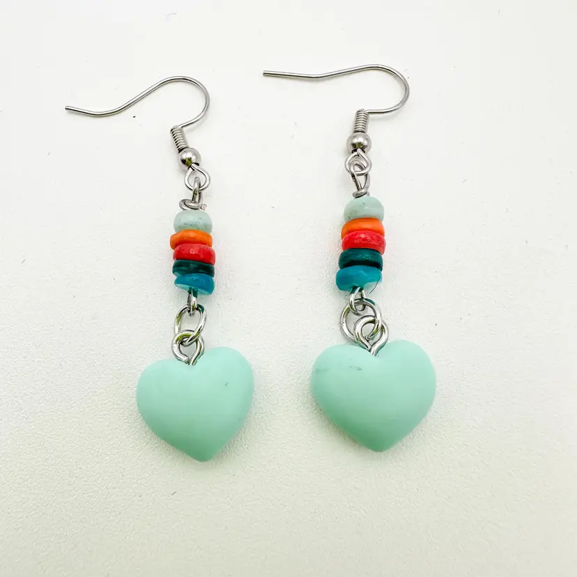 Valentine's Day Heart Earrings Sea Green with Multicolor Accents Handmade