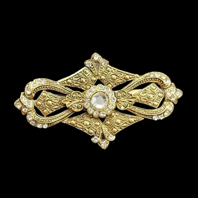 Vintage Gold Tone Filigree And Rhinestone Brooch, Vintage Costume Jewelry