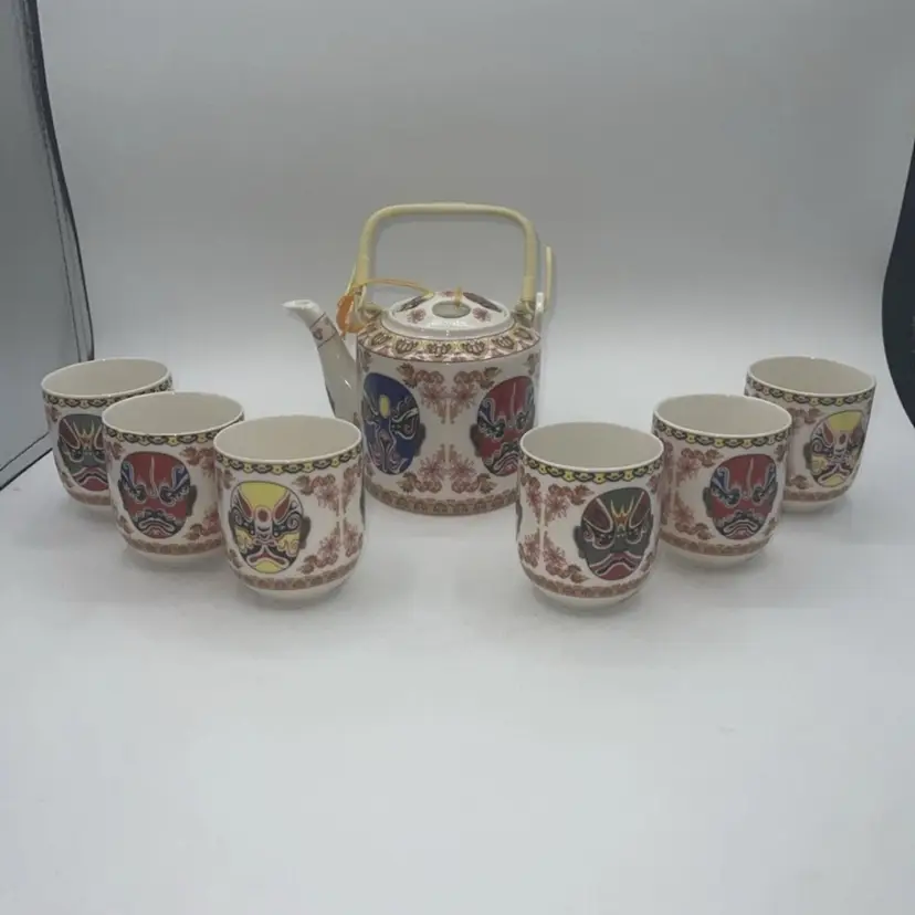 Chinese Tea Set Peking Opera Masks Porcelain Teapot 6 Cups