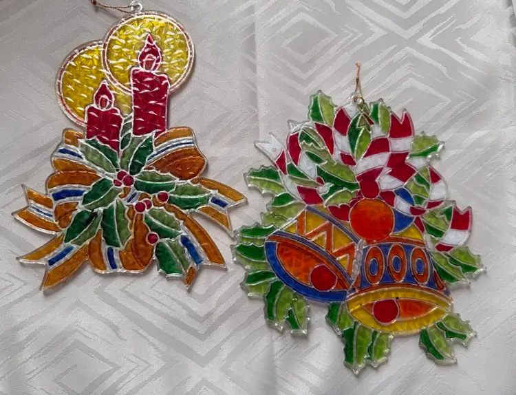Vintage Christmas Acrylic Sun Catcher Ornament Stained Glass Candle Jingle Bells