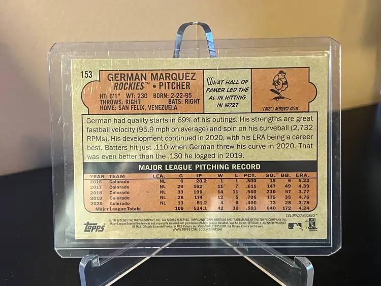 2021 Topps Heritage Reverse Stock German Marquez Rockies 