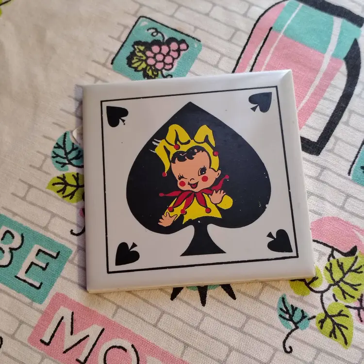 Vintage Playing Card Tile | Cute Winking Joker Girl on a Spade | Fun Trivet or Wall Decor | 1940s House of Lackner Made in USA