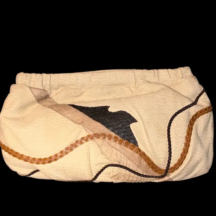 Vintage Carlo Fiori of Italy clutch or crossbody purse featuring textured leather and snakeskin detailing.