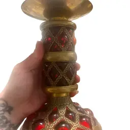 Vintage Ruby Red Caged Glass Metal Pillar Candleholder