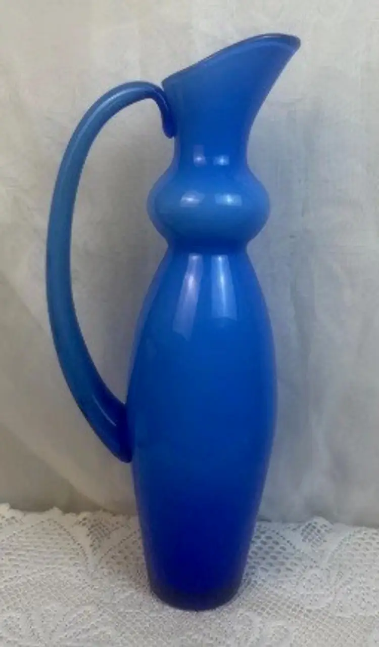 Orrefors Sweden "Salsa" Blue Cased Glass Pitcher.  Circa 1990's