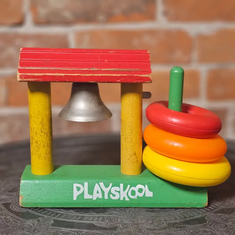 PLAYSKOOL Vintage Wooden Colored Stacking Rings With Bell Toddler Toy