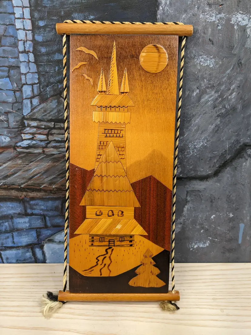 Vintage Wood Straw Inlaid Wall Plaque Castle Bats Moon Folk Art 6" × 13" Birds Handmade Gothic Bohemian