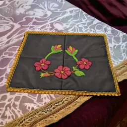 Vintage Punch Needle Pink Daisies Green Leaves Black Pillow Slip Cover 16 x 19