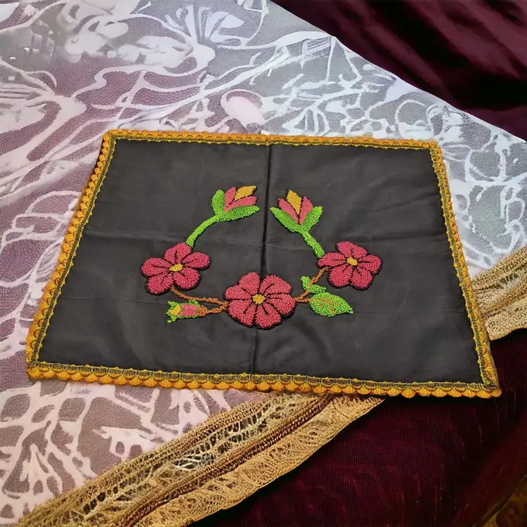 Vintage Punch Needle Pink Daisies Green Leaves Black Pillow Slip Cover 16 x 19