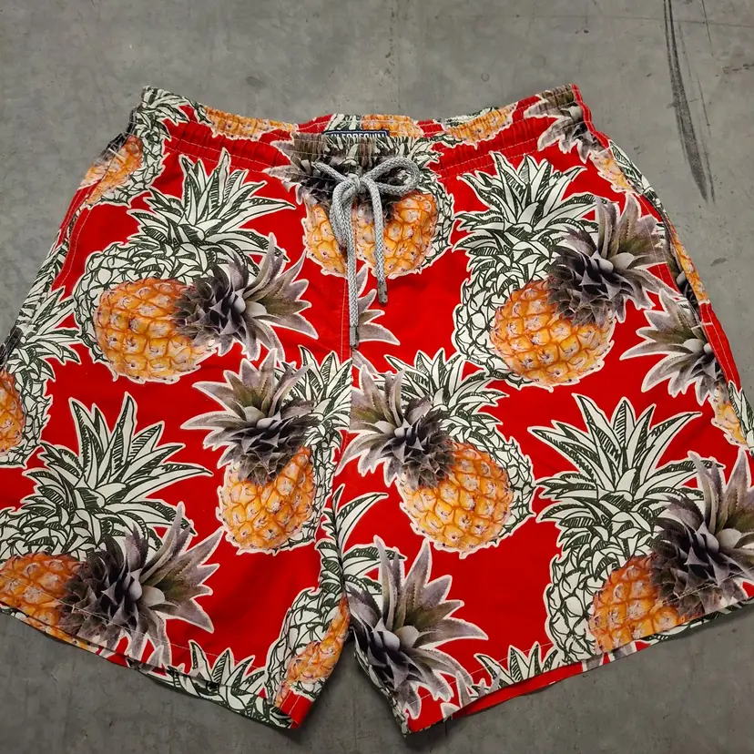 Vilebrequin Mens Red Pineapple Print Swim Trunks With Drawstring Waist Size L