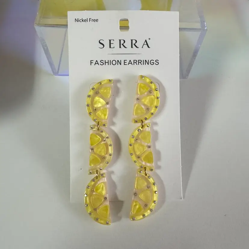 NEW! Lemon Slice Post Back Pierced Earrings About 3” Gold Tone Metal Resin Rhinestones