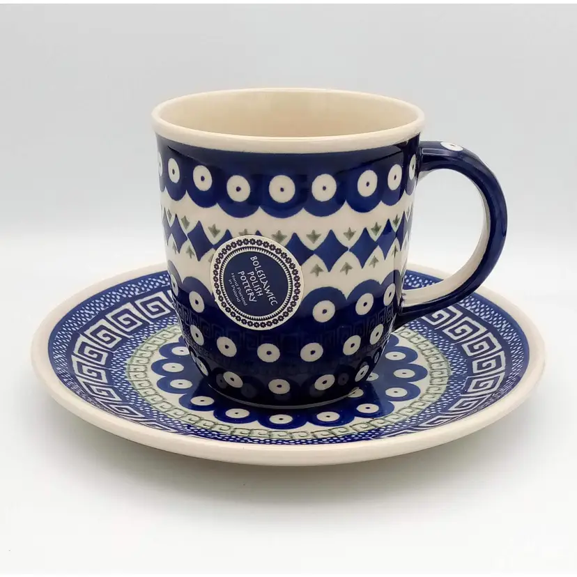 #080 - Boleslawiec Polish Pottery Large Mug & Plate Greek Key Peacock Dots Hand Painted