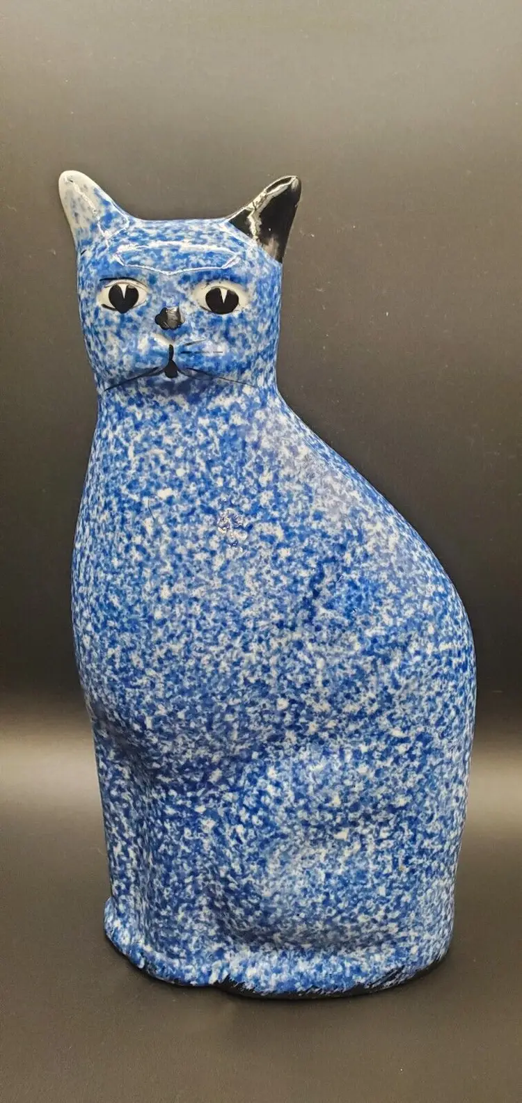 Vintage Blue & White Enesco Ceramic Hand Painted Sitting Cat Spongeware 12"x7"