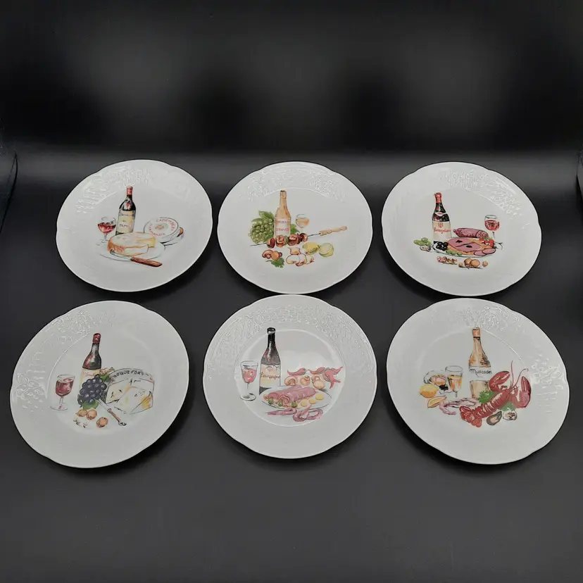 Philippe Deshoulieres Porcelain de Limoges France Wine & Cheese Appetizer Hors d'oeuvres Plates Set of 6 Different Designs