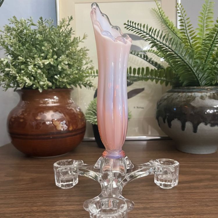 Vtg Fostoria Heirloom Pink Opalescent Epergne with 3 Peg Candleholder & Vase