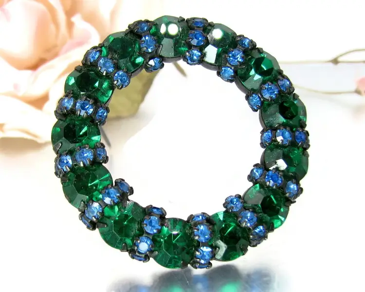 Vintage Joseph Warner Blue Green Rhinestone Circle Pin Brooch