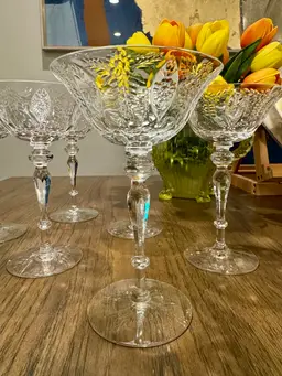 1930s-1940s Rogaska "Queen" pattern Tiffin Franciscan Byzantine set of 6 stemware 7” tall & 5” wide