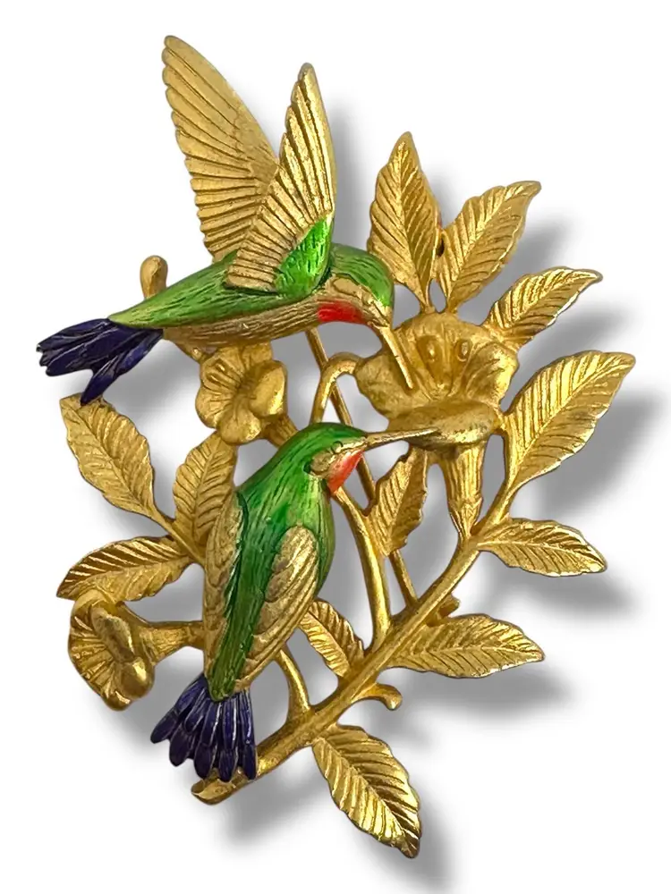 Vintage JJ JONETTE Hummingbird Brooch Pin Bird Gold Enamel On Pewter Signed
