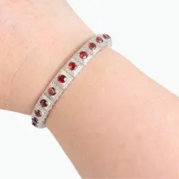 Sterling Signed Garnet Tennis Cuff Bracelet