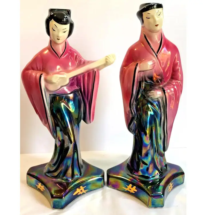 #01 Vintage Stanford Art Pottery 12" Japanese Lusterware Figures Man Woman MCM 1950s