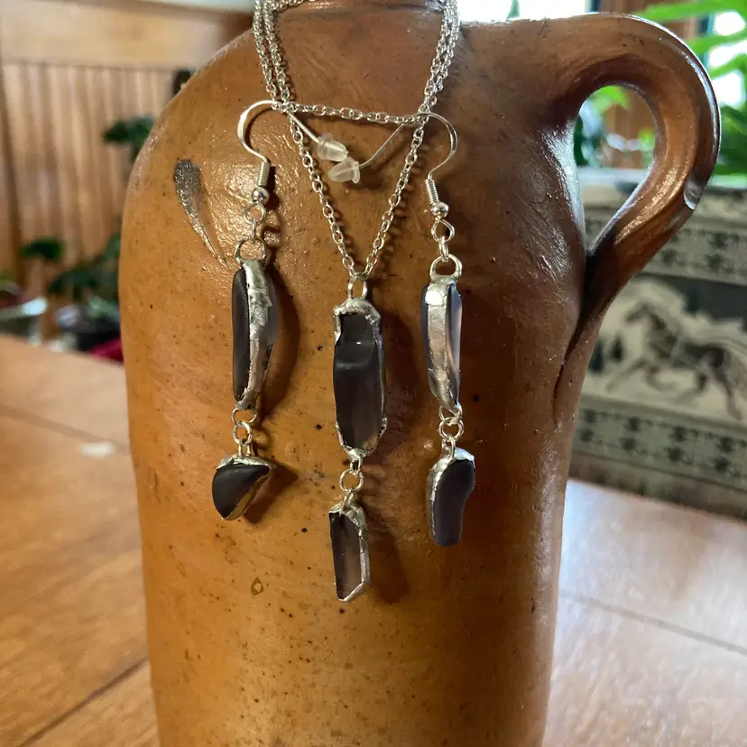 Erie Glass Artisan Made Purple Pendant And Dangle Earring Set Handcrafted Jewelry Set