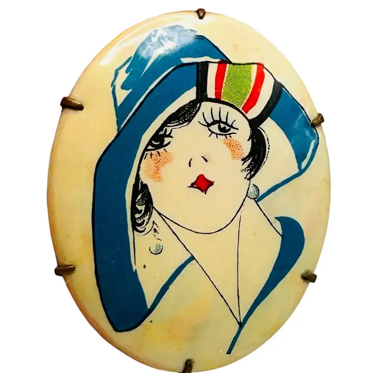 Vintage Celluloid Art Deco Flapper Lady in Blue Hat Brooch Pin 1920s