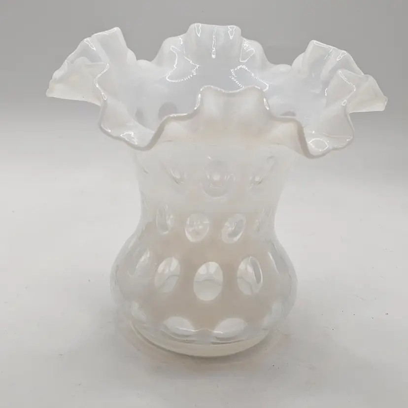 Fenton Vase white Opalescent cased glass double Ruffled edgewhite coin dot 6"