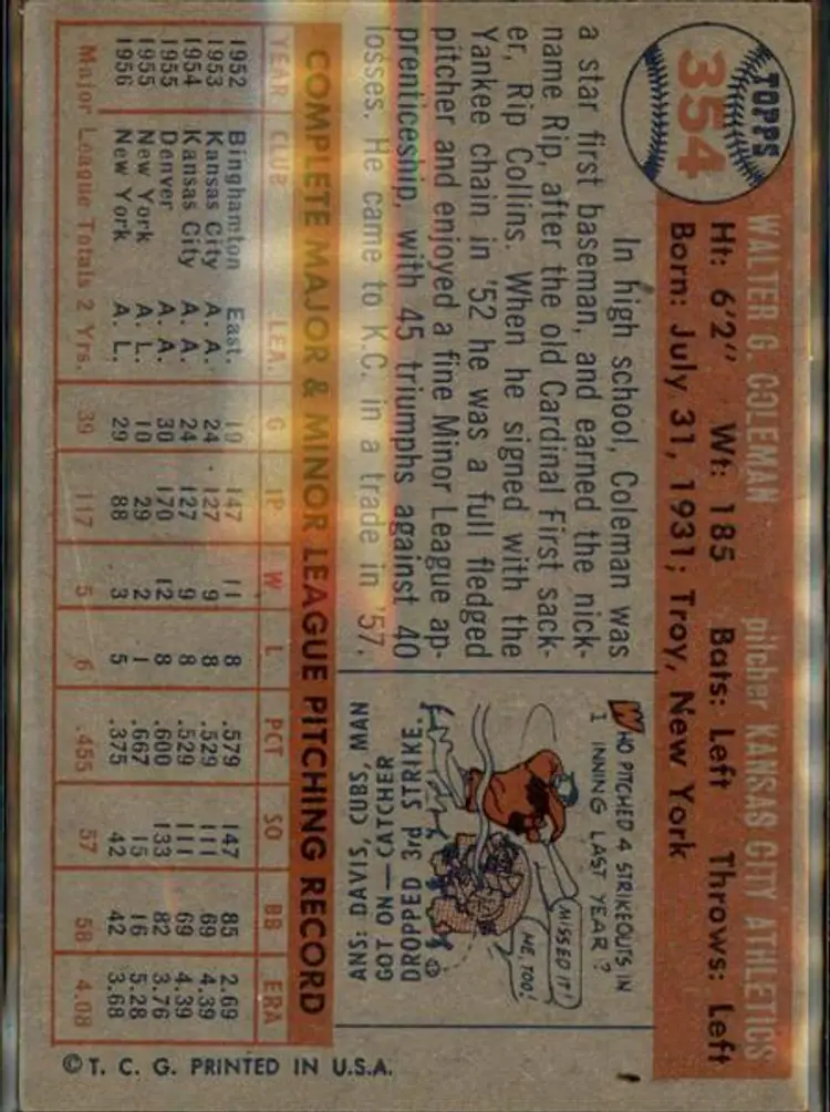 1957 Topps #354 Rip Coleman - ( pk1 ) - Kansas City Athletics