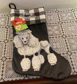 ASPCA Dog Stocking White Poodle Furry Christmas Black Buffalo Plaid Brand New