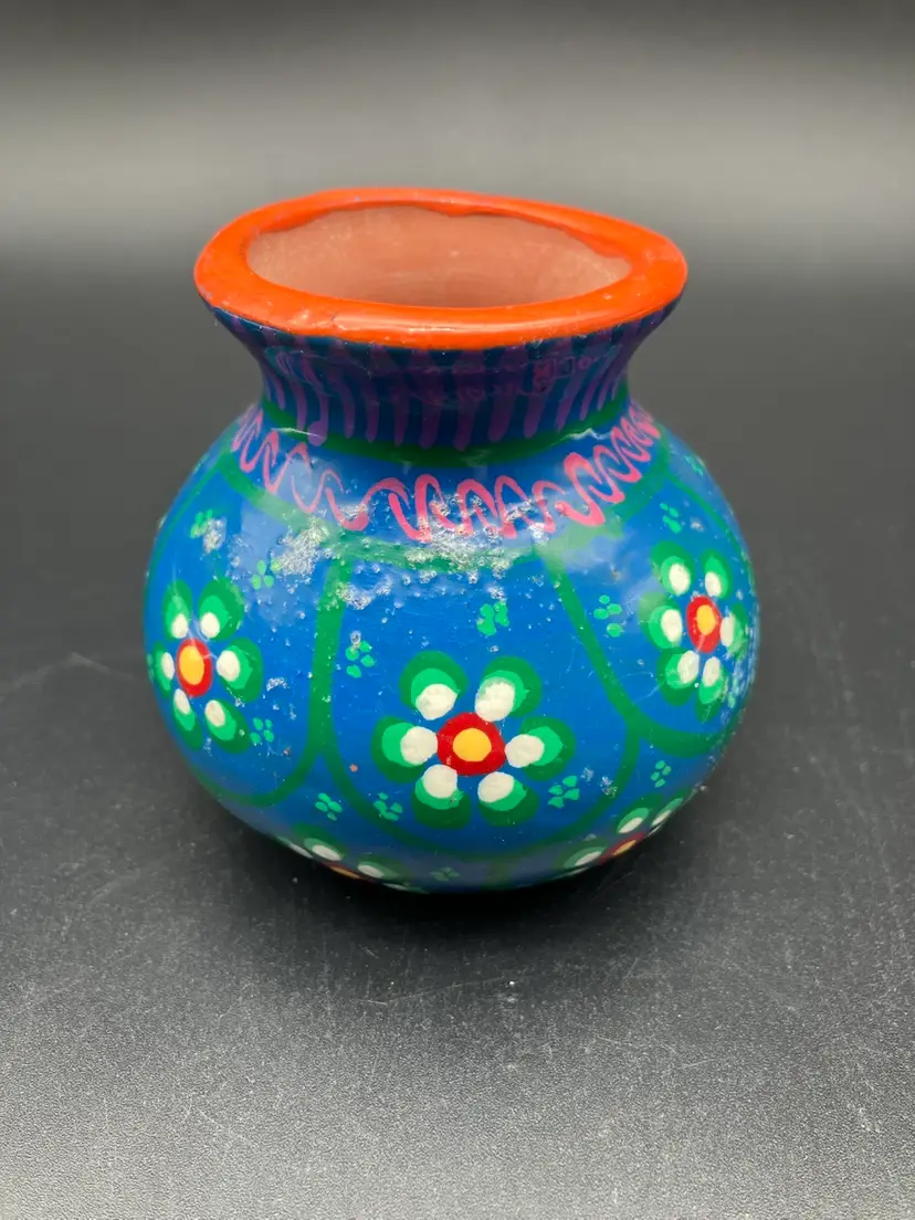 BIN - Blue Floral Hand Painted Terra Cotta Vase Mexico 3”