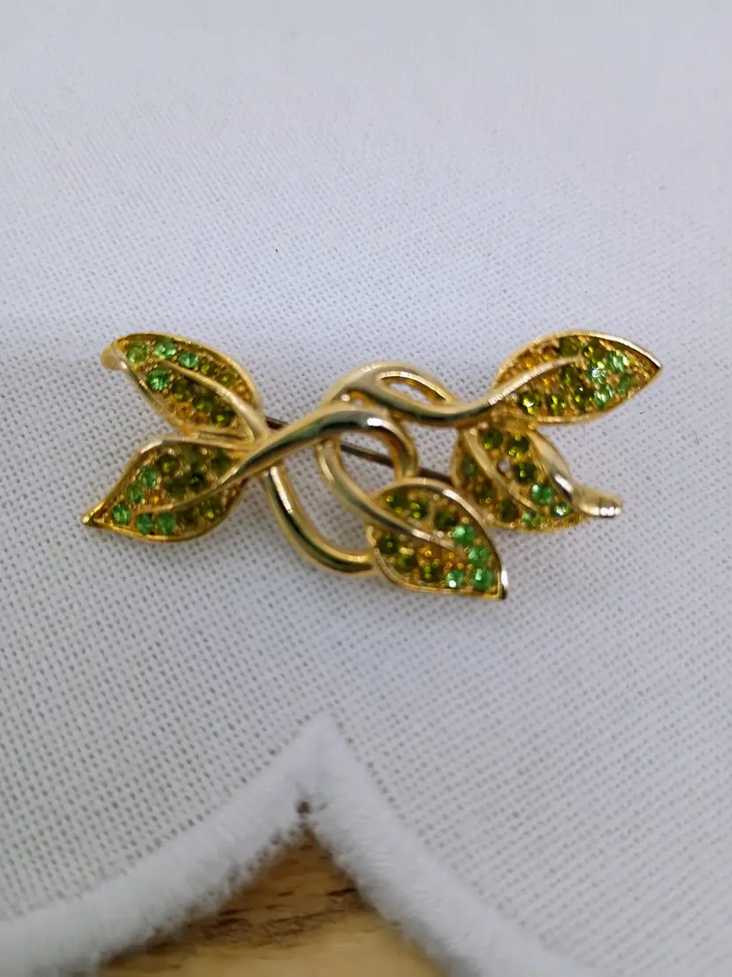 Monet Gold Tone Brooch with Yellow and Green Crystals Floral Interlocking Vines