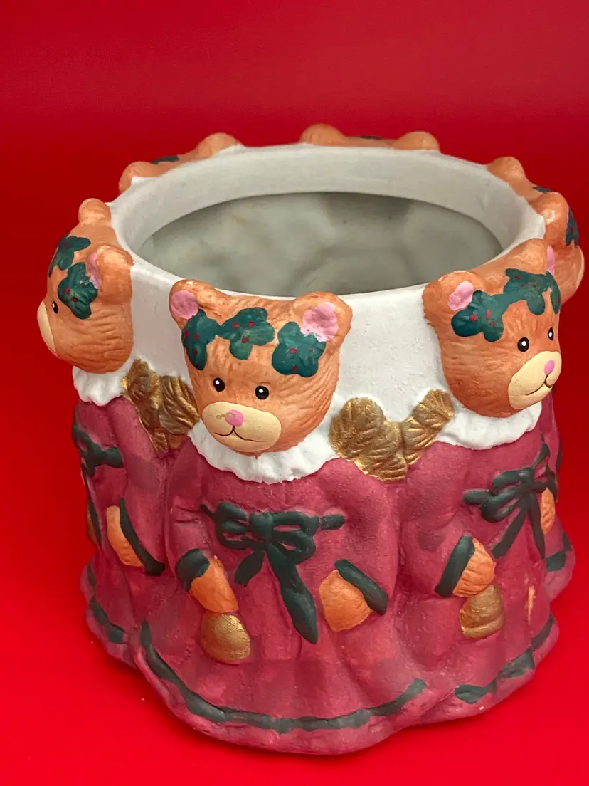 Ceramic Holiday Teddy Bear Planter/Pot, 4.5" Wide, 4" Tall