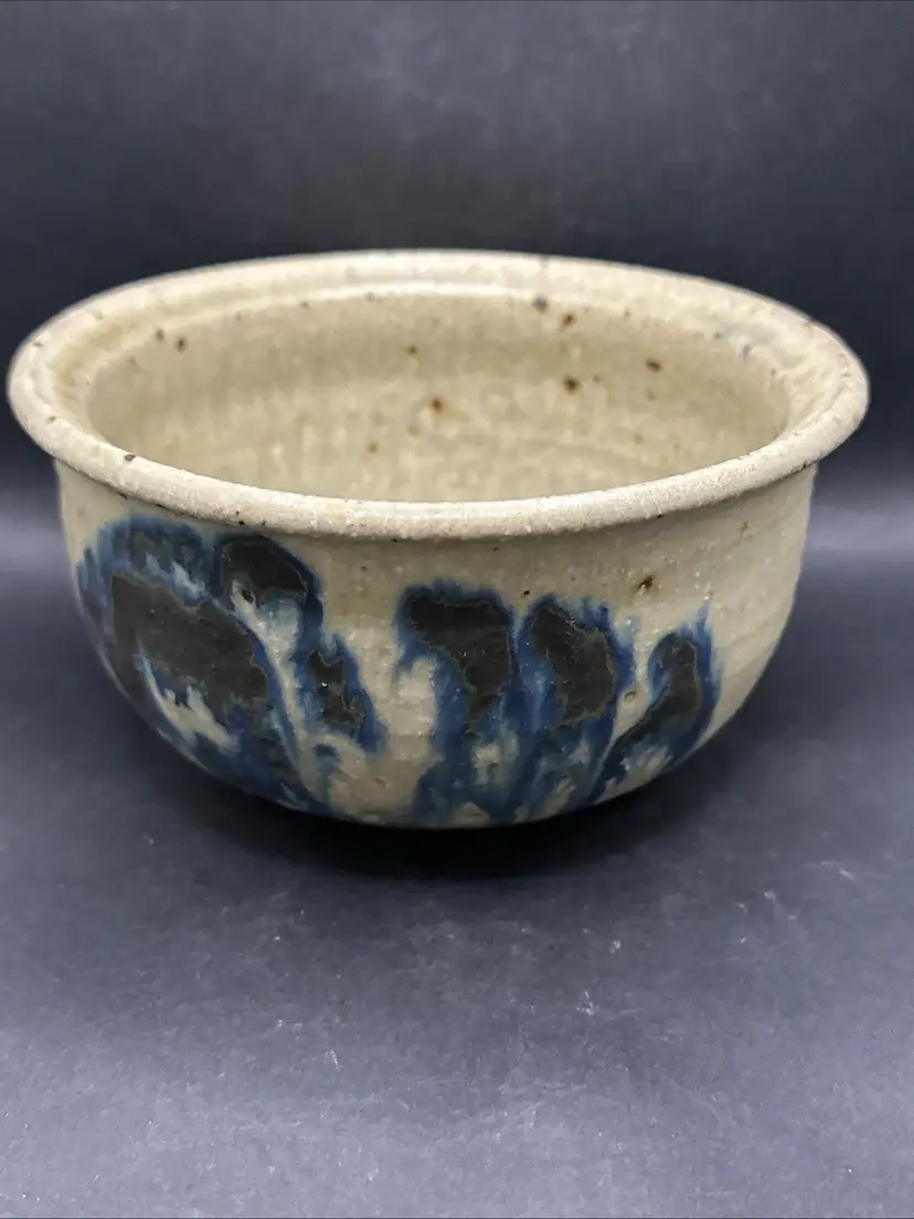 Vintage Salt Glazed Studio Art Pottery Bowl Signed Cereal Mixing Decorative Blue.