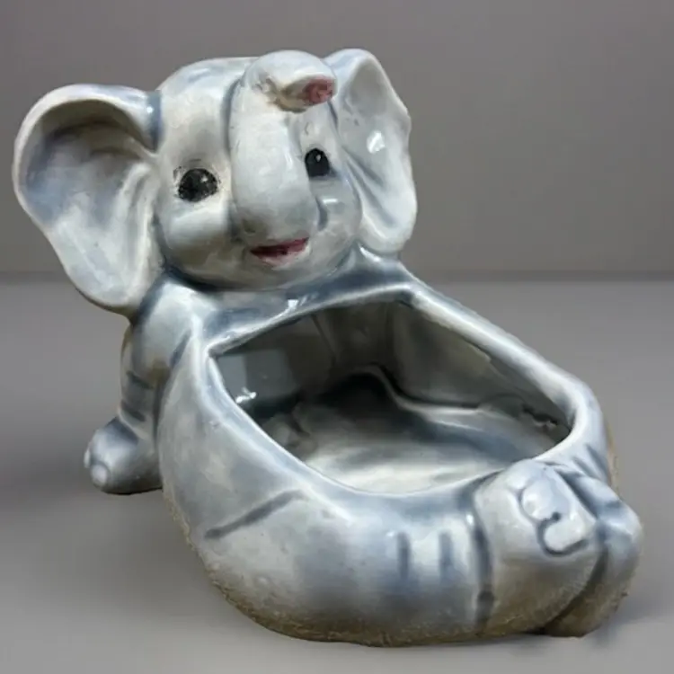 Vintage Cute Smiling Little Elephant Laying Back  Small Planter Or Trinket Dish