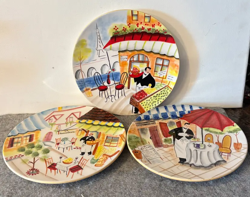 3 Mud Pie 8" Cafe Scene Design Appetizer /Salad Plates  # 2744