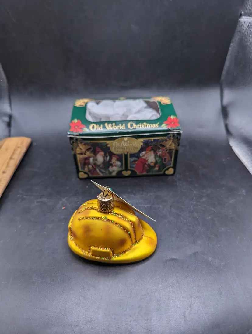 Old World Christmas Glass Ornament Yellow Worker's Helmet.