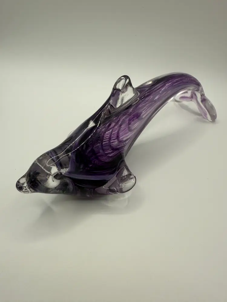 Art Glass Dolphin Paperweight Purple Wavy Lines