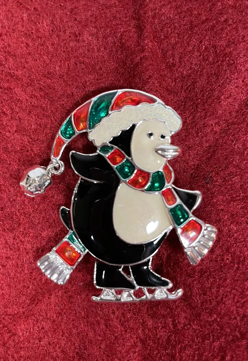 Penguin Brooch Pin Ice Skating Bell Enamel Signed Vintage Avon ADORABLE NEW