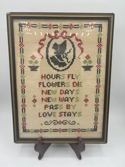 Antique Framed Cross Stitch Sampler
“Love Stays” 1930’s