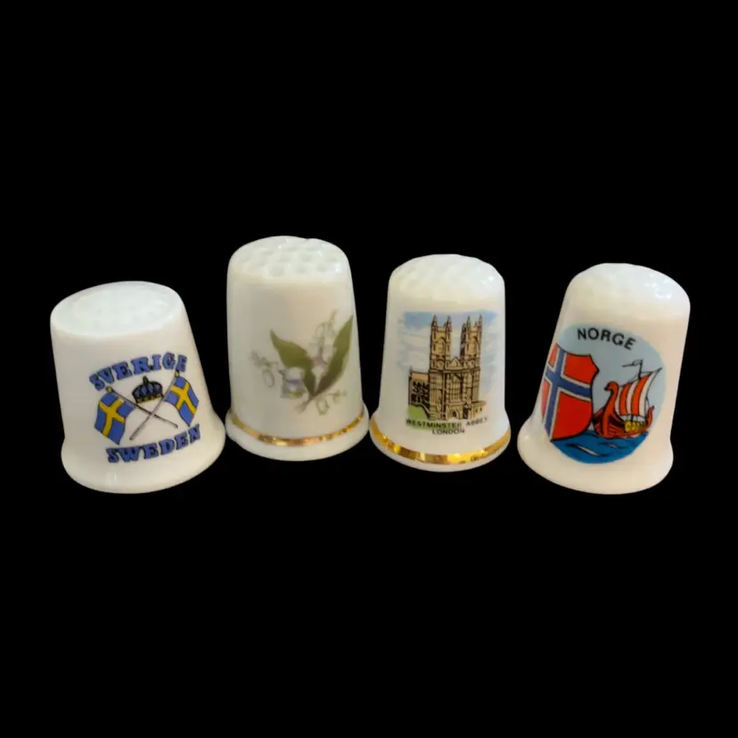 Four Porcelain Thimbles- Sweden, Norway, Westminster Abbey, Lilly of the Valley -