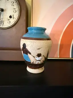 Vintage Mexican Folk Art Pottery Vase – Hand-Painted Tonalá Style Woman & Child Scene, Rustic Stoneware Decor, Signed Mexico