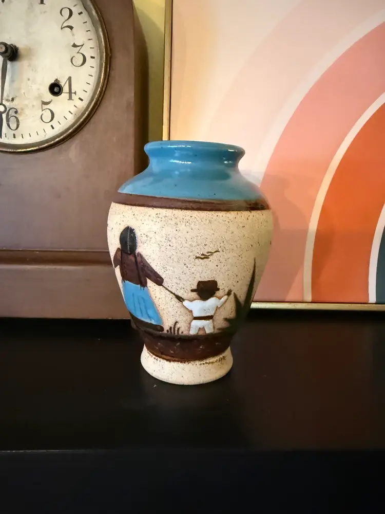 Vintage Mexican Folk Art Pottery Vase – Hand-Painted Tonalá Style Woman & Child Scene, Rustic Stoneware Decor, Signed Mexico