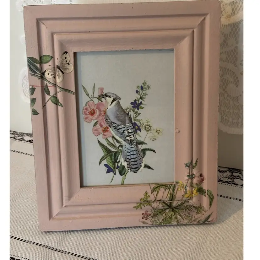 Up-Cycled By Me Pale Pink Blue Cardinal Frame Decor 10.5”x 8.5”