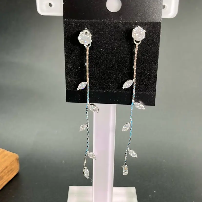 Marquise Shaped CZ’s Dangle Pierced Earrings, Silvertone 3” Long