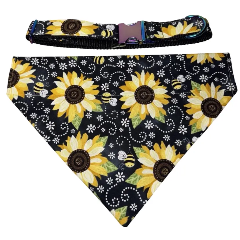 Dog Collar & Bandana Yellow Sunflower Print Large Handmade Heavy Duty NEW
