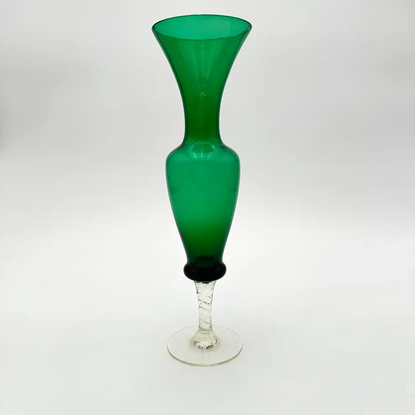 Vintage Green Glass Vase 10” x 3”