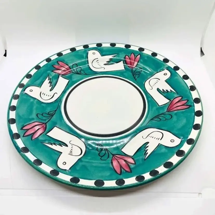 Italian Style Vietri Ravello Replica 11.5" Ceramic Plate Charger Teal Dove Bird