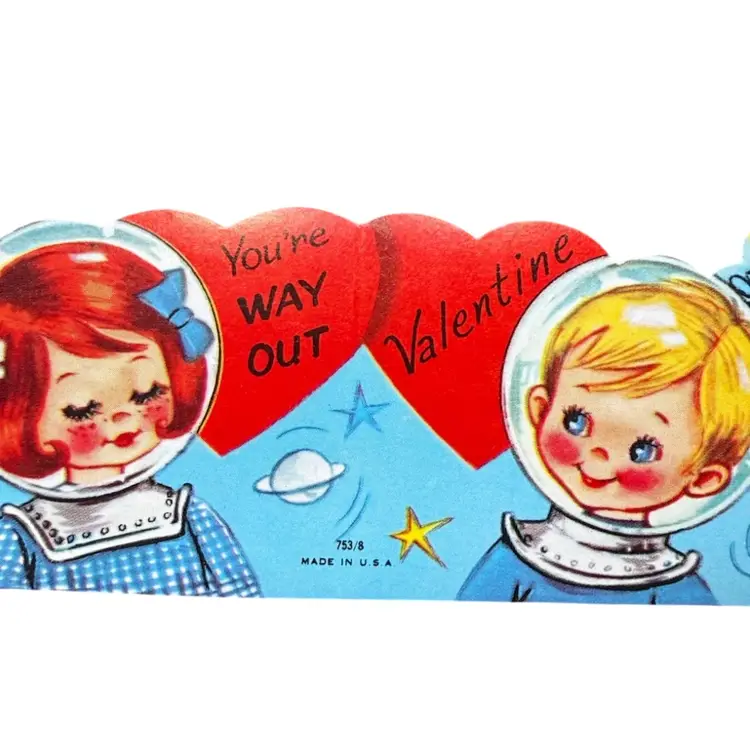 Vintage Kitsch MCM Small Valentine Greeting Card, Space Age Astronauts, Unsigned