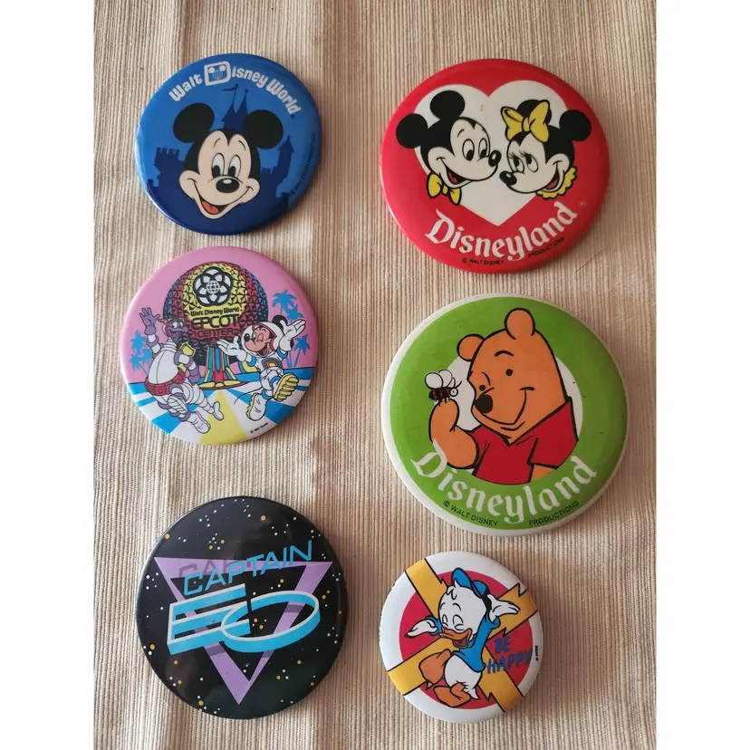 Disney Pushback Button Pins Set of 6 - 1980s/1990s