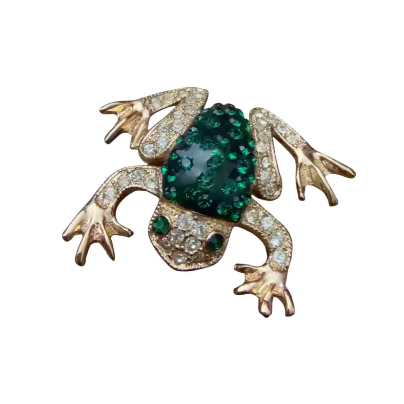 Green And Gold toned Rhinestone Tree Frog Figural Brooch